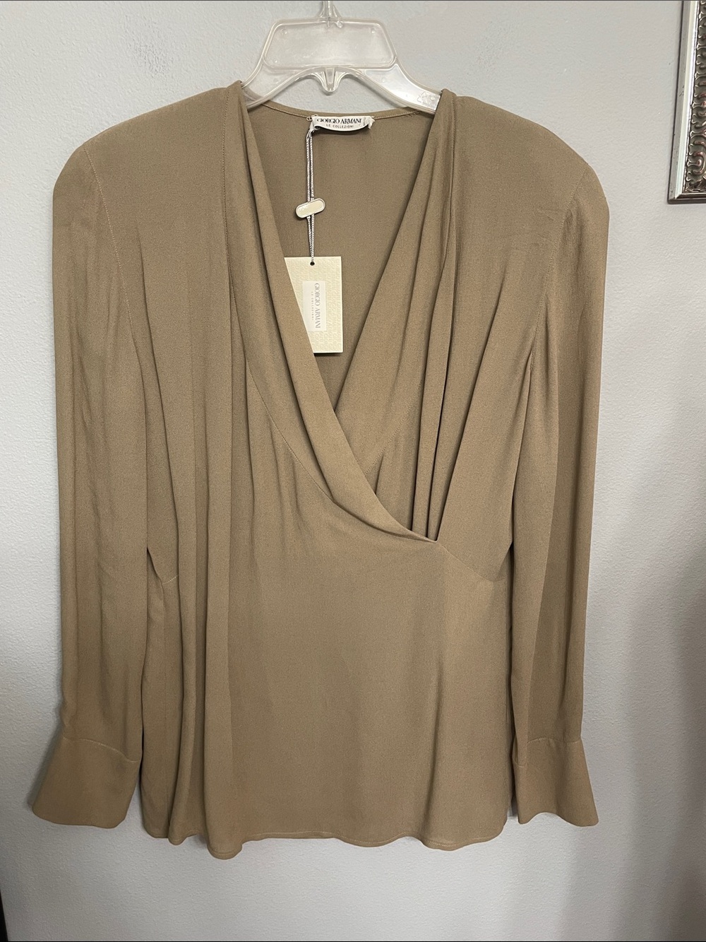 NWT vintage Giorgio Armani Taupe Draped V-Neck Long Sleeve Blouse